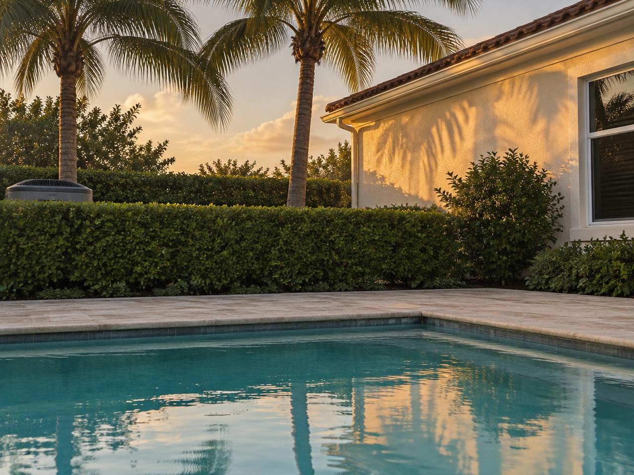 Palm Beach County backyard at golden hour with a pool and a heat pump tucked behind a hedge