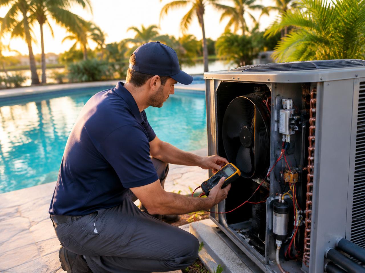 Pool heater technician testing an open heat pump unit with a multimeter beside a Palm Beach pool at golden hour
